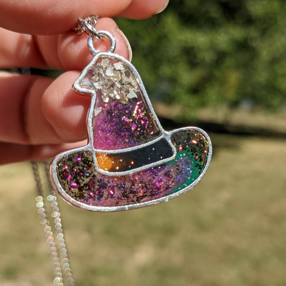 Artisan Jewelry - Wicked Witch Necklace Handmade Spooky Resin Art Colorful Sparkly Glitter Purple